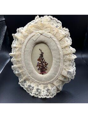 Vintage Lace Oval Picture Frame Pressed Flowers Bow Fits 3x5 Photo Stand Wall Mo